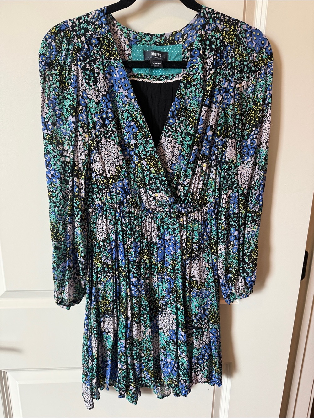 Anthropologie Floral V-Neck Long Sleeve Dress - Blue, Green, Black